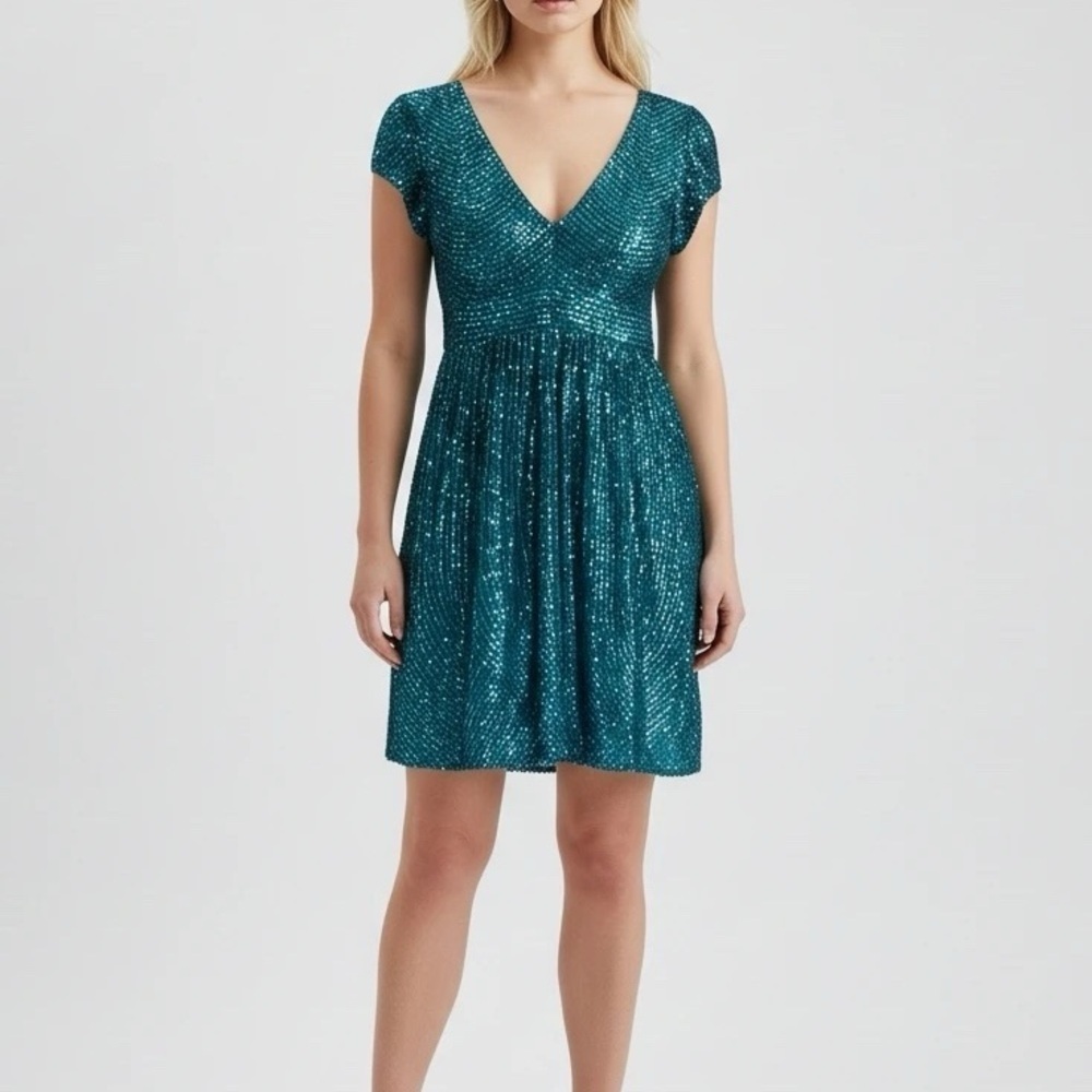 Dolce Jovani Turquoise Sequin Cocktail Dress